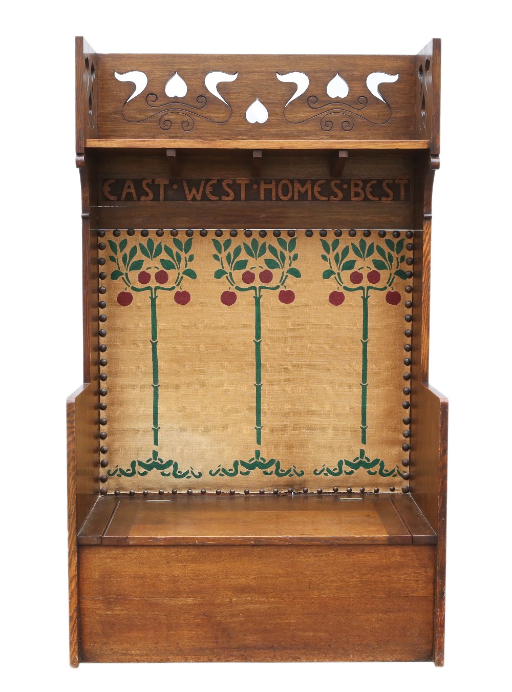 Arts & Crafts oak Settle, carved with the phrase 'East West Home is Best', with single seat and