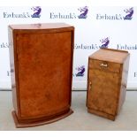 Art Deco burr walnut bow fronted drinks cabinet with revolving door on bracket base, 100 x 64 x 32