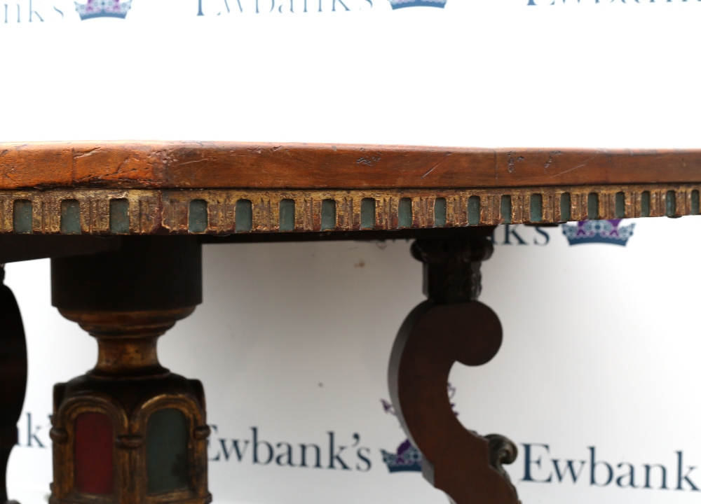 19th Century Gothic Revival octagonal table, with polychrome frieze and column, united by cross - Image 3 of 4