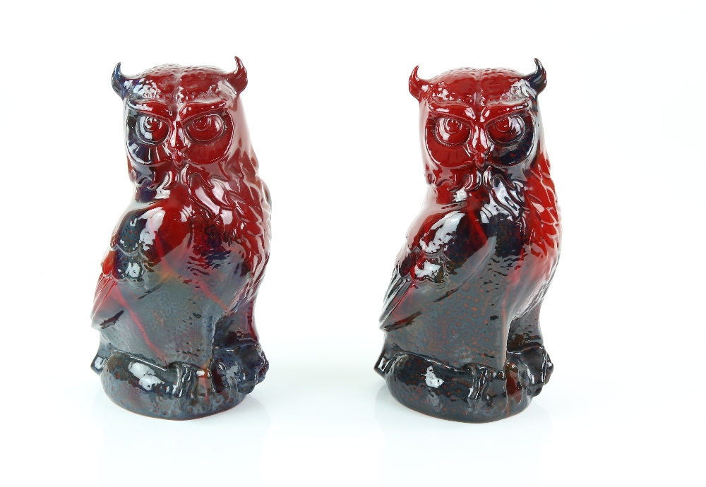 Two Royal Doulton veined flambe owls, each with printed factory marks and initialed AM to base, 30.