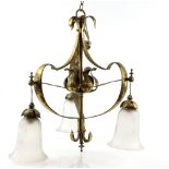 Brass ceiling lamp, in the style of W.A.S. Benson, with hammered finish and cut glass shades . Chain