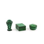 A group of malachite glass, a vase moulded in relief with a group of dancing nudes among trees,