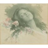 Albert Emile Artigue, 'Albine' lithographic print of a sleeping woman with pink coloured roses, 25cm
