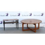 Stole teak circular coffee table, label beneath, 45 x 100 cm and an ebonised and veneered two