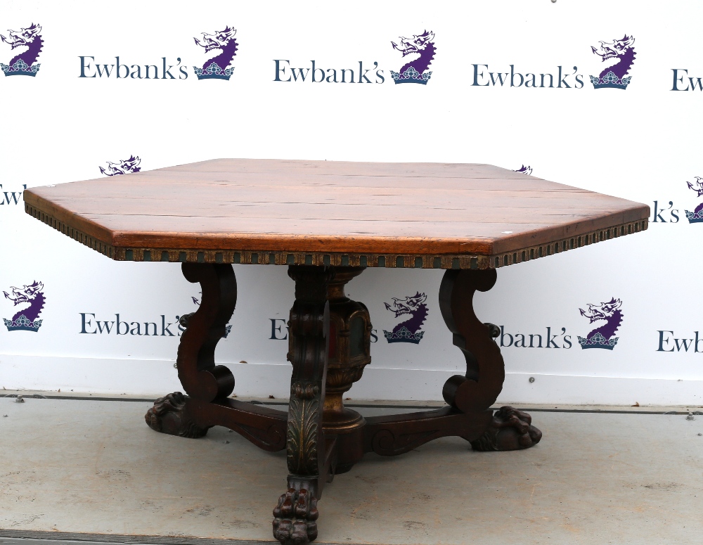 19th Century Gothic Revival octagonal table, with polychrome frieze and column, united by cross