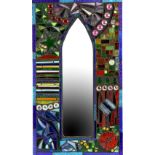 Sue Smith, glass artist arch form garden mosaic mirror, the surround extensively decorated with