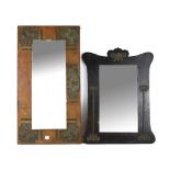 Arts and Crafts wood framed mirror with copper mounts to each corner and top of frame, in a