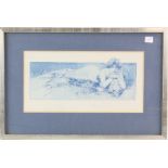 Alphonse Mucha, lithographic print in blue of a woman lying on bearskin, image 13.5 x 33cm..