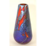 Siddy Langley Glass - Tapering bud vase with iridescent purple ground highlighted in red and gold,