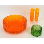 Whitefriars tangerine glass bark textured bowl, 20cm diam, two small vases similar, 14.5cm high, a