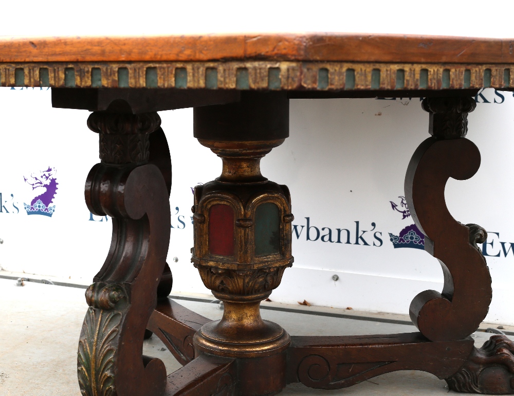 19th Century Gothic Revival octagonal table, with polychrome frieze and column, united by cross - Image 2 of 4