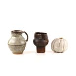 David Leach loop-handled stoneware vase of ribbed baluster form, impressed mark to base, together