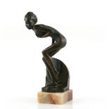 Art Deco bronzed spelter figure of a girl in swimming costume, on alabaster base, unmarked, 28cm..