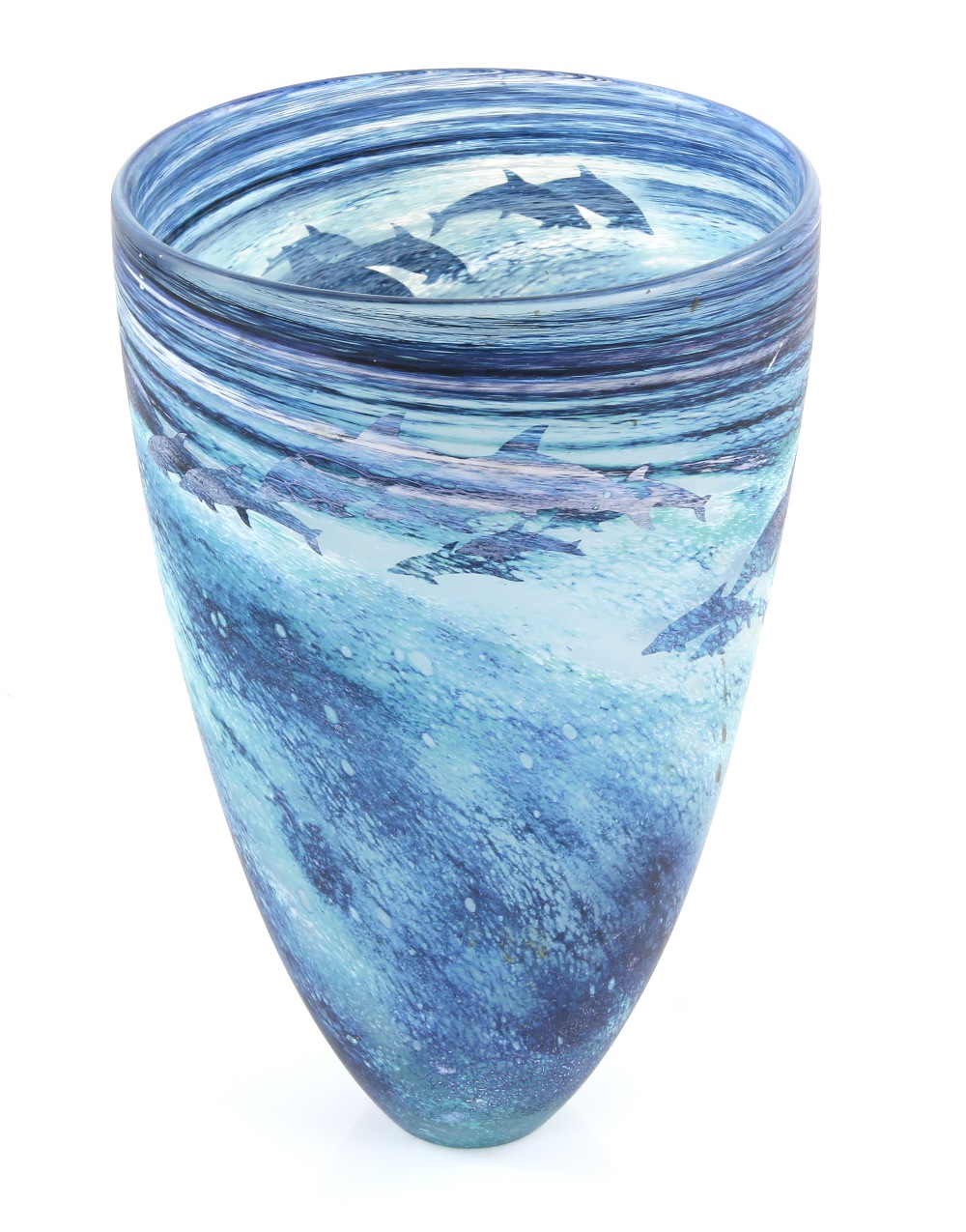 Malcolm Sutcliffe, contemporary studio glass vase decorated with dolphins on sea spray, signed to - Image 2 of 3