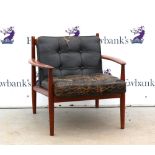 Greta Jalk for France and Son, Danish mid century easy chair, with black leather buttoned seat