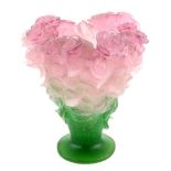 Daum, Pate-de-Verre glass bouquet of roses vase, in pink and green, marked Daum France to rim of