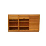 Mid century Danish three section tambour fronted bookcase raised on plinth base, 116 x 210 x 53cm,