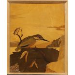 Marquetry picture of a Kingfisher in a mountainous landscape, 26 x 20 cm .