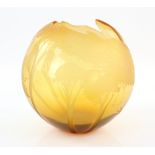Cynthia Myers (American), 20th century amber studio glass bowl, of globe form engraved with herons