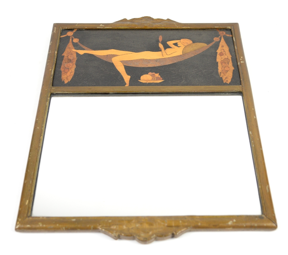 Rowley Gallery, a mirror with marquetry plaque depicting a nude girl lounging in a hammock, in