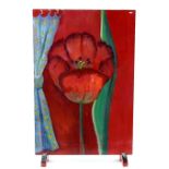 Mary Wondrausch, a painted fire screen, a view through curtains of a garden with tulips and