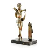 After Josef Lorenzl (1892-1950), an Art Deco silvered spelter figural table lighter formed as a