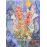 Manner of Mark Chagall. Lovers with Bouquet of Flowers. Gouache / pastel on paper. Bearing