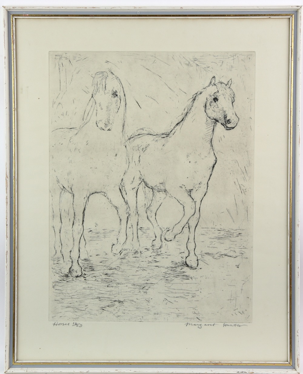 Margret Hunter (British b1948) 'Horses' signed titled in pencil 16/25 dry-point etching 63cm x - Image 2 of 4