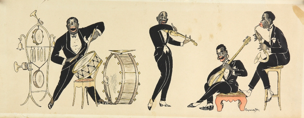 Cartoon of a Jazz band, and a collection of unframed prints and pictures 26cm x 64cm. Provenance: