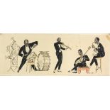 Cartoon of a Jazz band, and a collection of unframed prints and pictures 26cm x 64cm. Provenance: