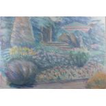E.M. Dougan, ( American ) garden view, watercolour and pastel, signed, 66cm x 96cm ( with original