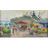 French market scene, signed with signature indistinct, oil on canvas, 22cm x 40cm. Provenance: