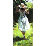 § Sherree Valentine Daines (British, b.1959). Girl in a straw hat, oil on board, signed, 45cm x