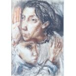 E Monaco, mother and child, signed watercolour, 47x 33cm.