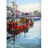 Bernard Evans, 'Red Boats Mevagissey', monogramed oil on canvas, signed and titled verso, 40cm x