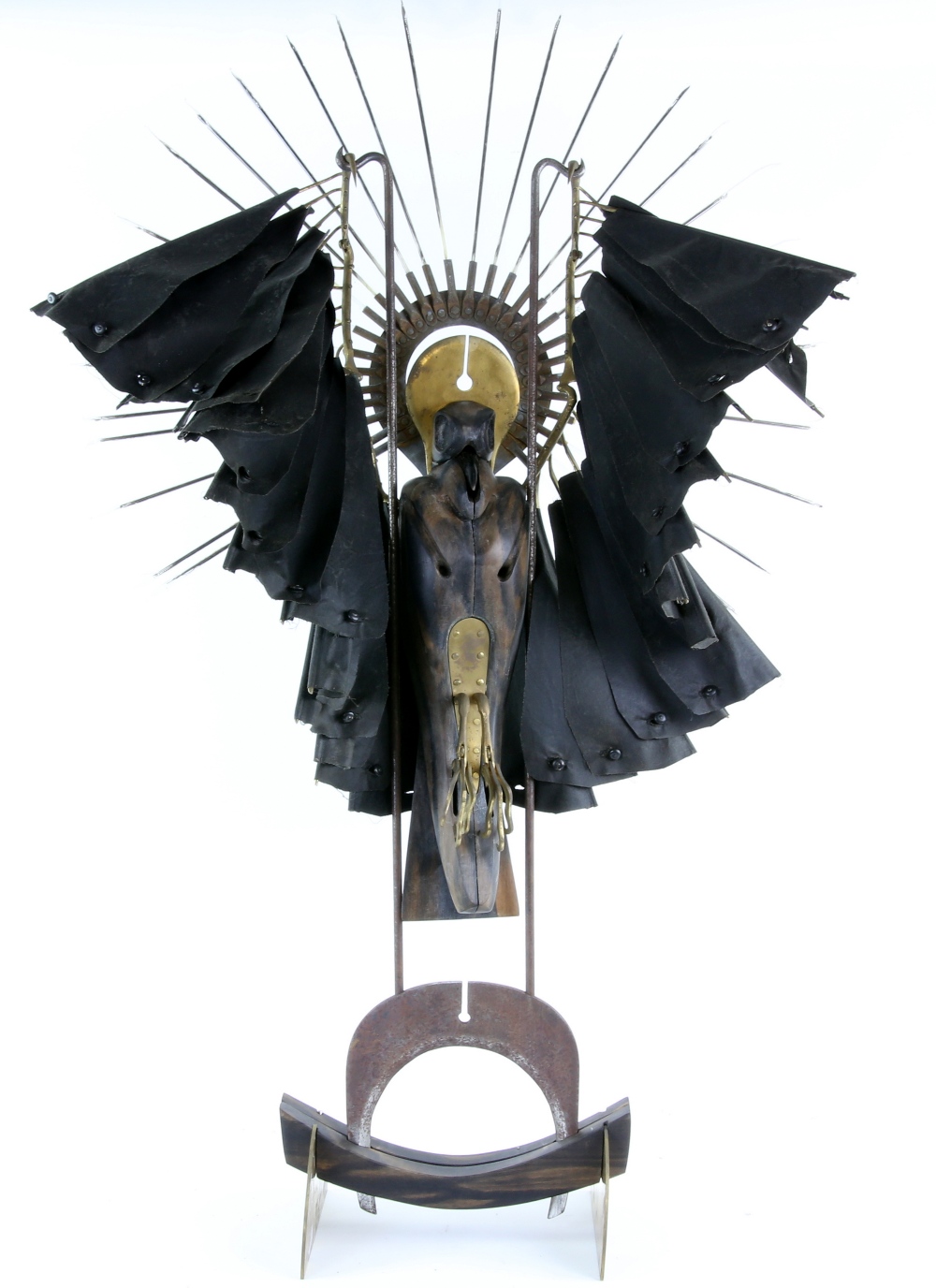 Unknown artist. 20th century sculpture with taxidermy crow, rosewood metal, cloth and glass 'The