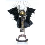 Unknown artist. 20th century sculpture with taxidermy crow, rosewood metal, cloth and glass 'The