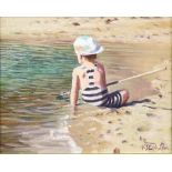 Nicholas St. John Rosse RSMA (British, b.1945), boy on a beach signed, oil on board, 19cm x 24cm .