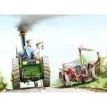 Christopher J Bazeley. Cartoon of an a vintage tractor dated 90/2, watercolour and ink, Richard