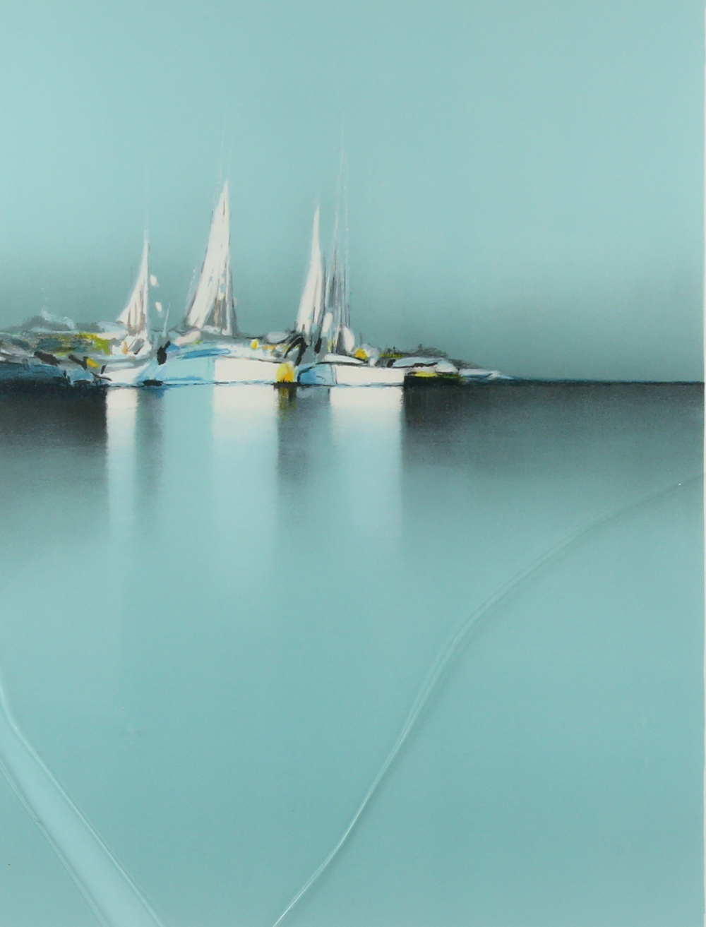 Limited edition print of moored boats, 228/350, signature indistinct, 66 cm x 50 cm. Provenance: