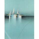Limited edition print of moored boats, 228/350, signature indistinct, 66 cm x 50 cm. Provenance: