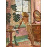 James V Horton PPRBA (b.1948), Nude at window, oil on board, signed lower right, 34cm x 25cm.