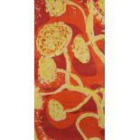 Abstract silk screen print of yellow flowers, unsigned, 34cm x 66cm .