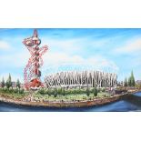 Phillip Bissell (1952) 'Flying High' original, Olympic stadium and tower, signed front, signed and