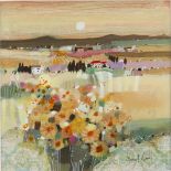 Emma Davis ' Moonlight in Tuscany' mixed media signed titled and dated 2016 verso 28 x 28 cm .