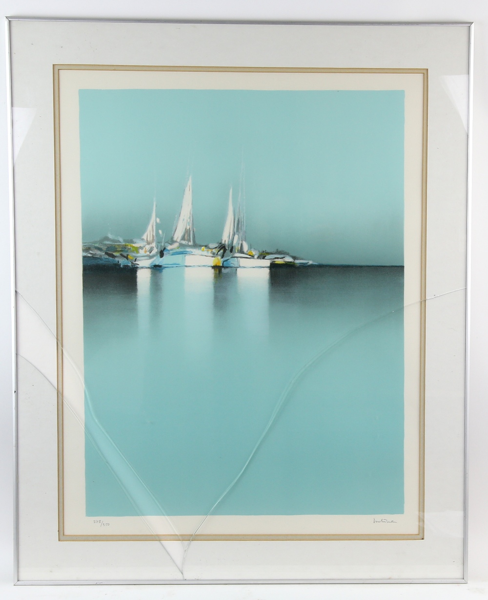 Limited edition print of moored boats, 228/350, signature indistinct, 66 cm x 50 cm. Provenance: - Image 2 of 4