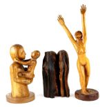 Unknown artist, three fruitwood sculptures, monogramed JL, Standing lady, dated 1983, 79cm, Mother