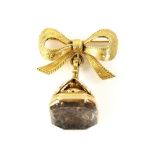 Victorian seal fob, octagonal smokey quartz with crest engraving, mounted in 18 ct, 3.2 x 2cm and