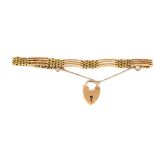 Victorian gold gate link bracelet, of plain long and textured short bars with a heart form clasp,