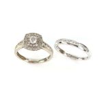 Diamond ring and matching wedding band, both set with round brilliant cut diamonds mounted in 18